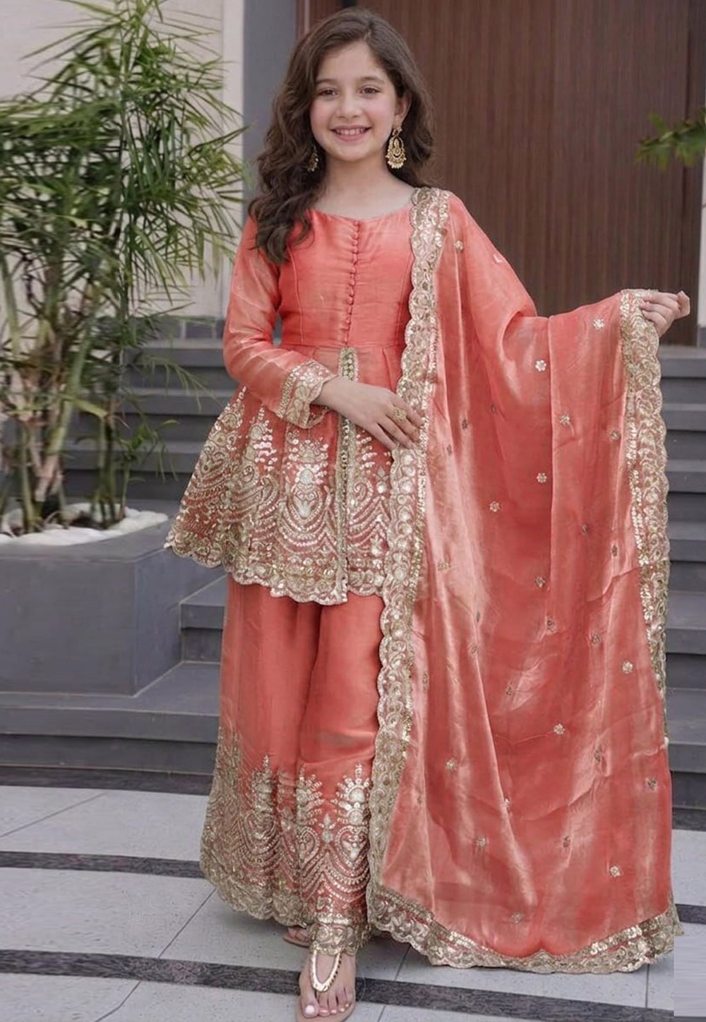 Peach Silk Kids Salwar Suit 330204