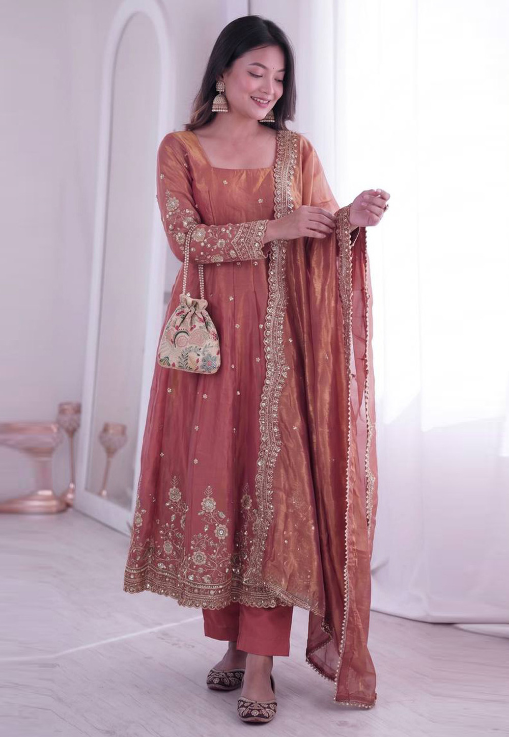 Peach Silk Readymade Anarkali Suit 329663