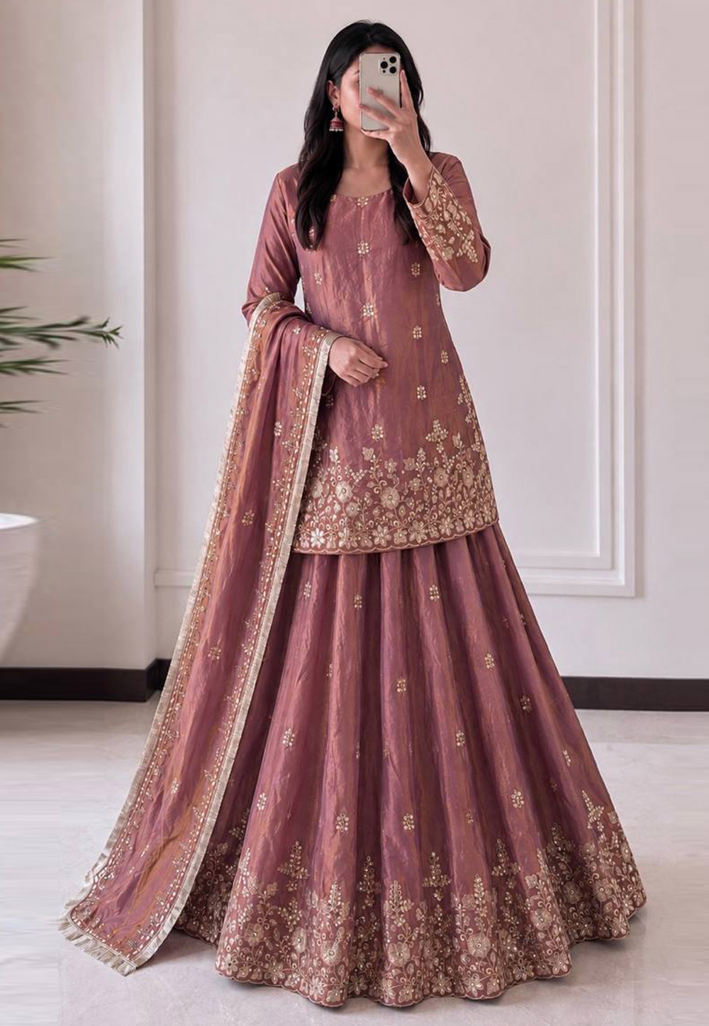 Peach Silk Readymade Indo Western Lehenga Choli 328965