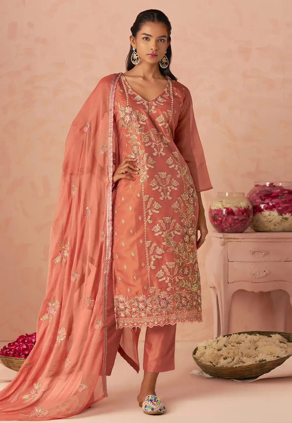 Peach Silk Readymade Pakistani Suit 319302