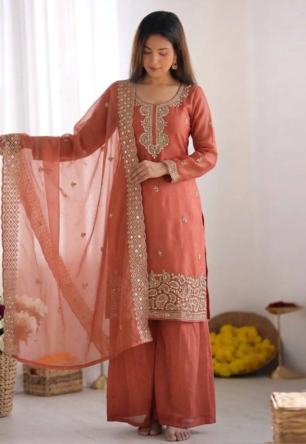 Peach Silk Readymade Pakistani Suit 329694