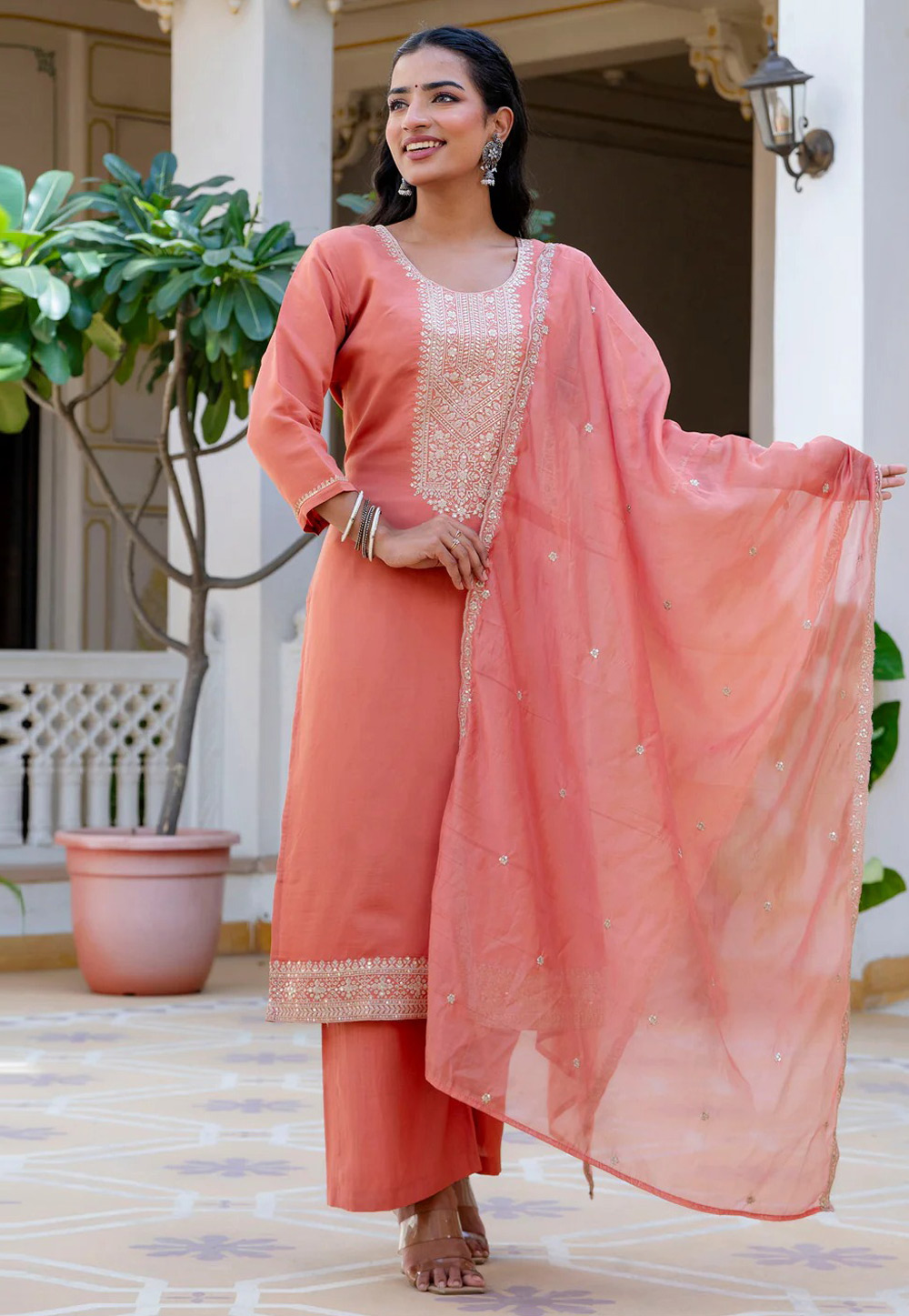 Peach Silk Readymade Palazzo Suit 308728
