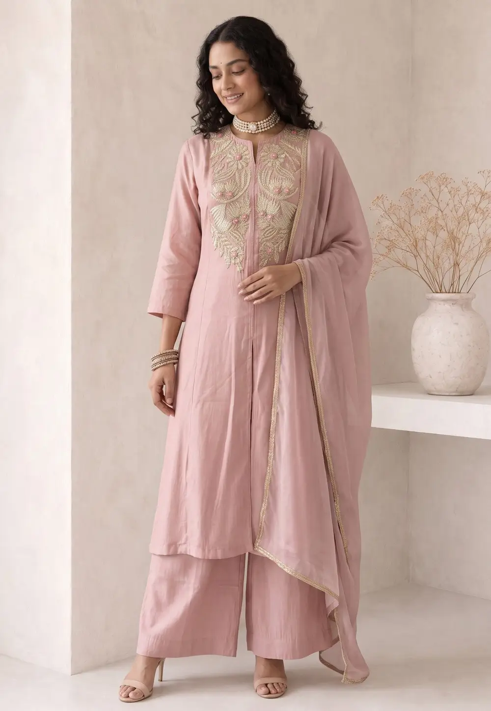 Peach Silk Readymade Palazzo Suit 333039