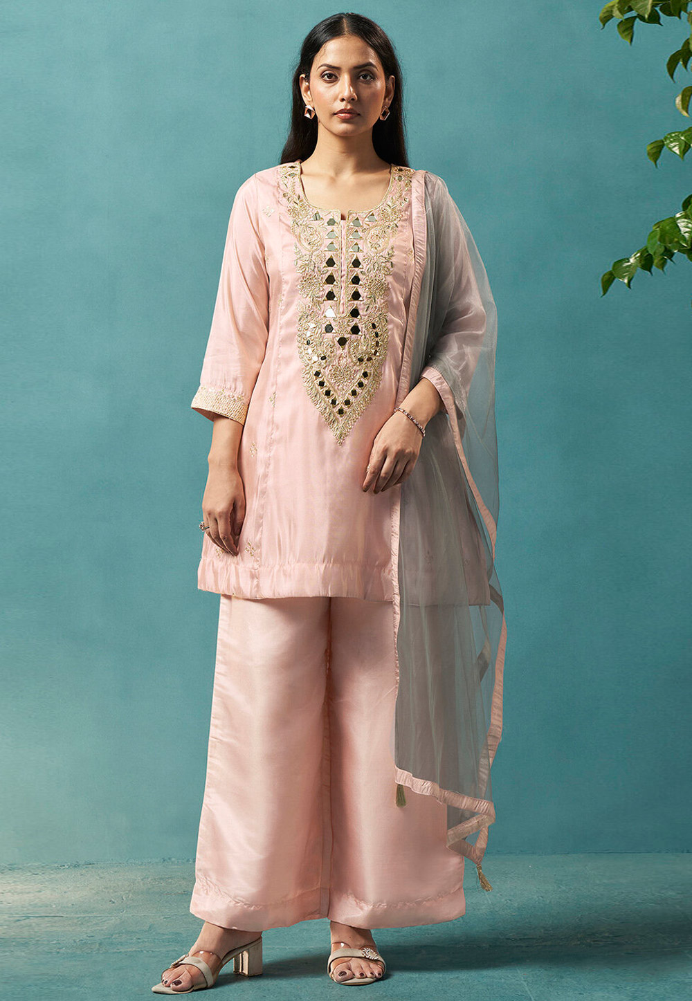 Peach Silk Readymade Palazzo Suit 330008