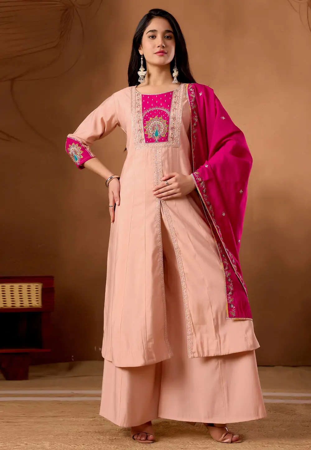 Peach Silk Readymade Palazzo Suit 333989