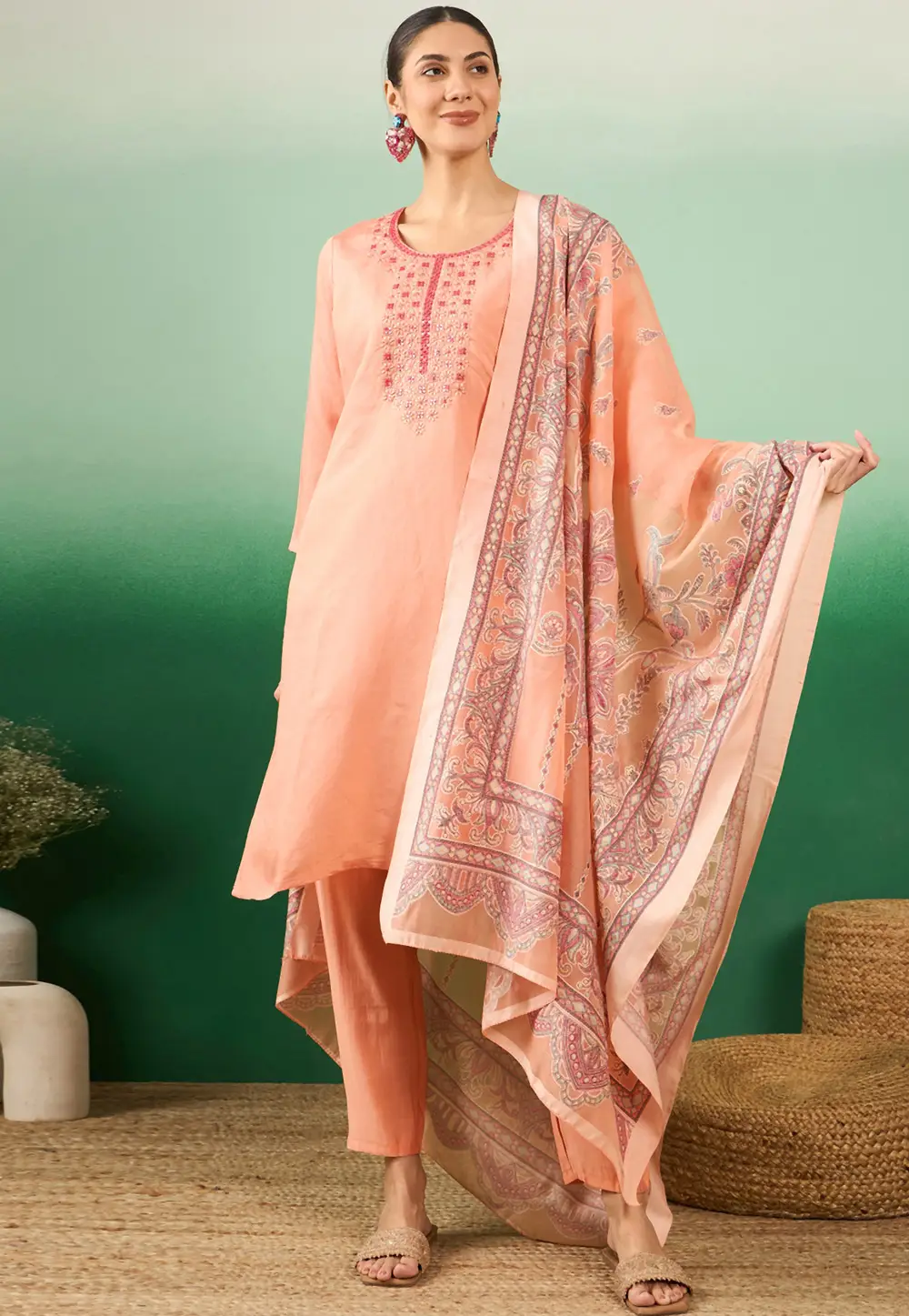 Peach Silk Readymade Pant Style Suit 332264