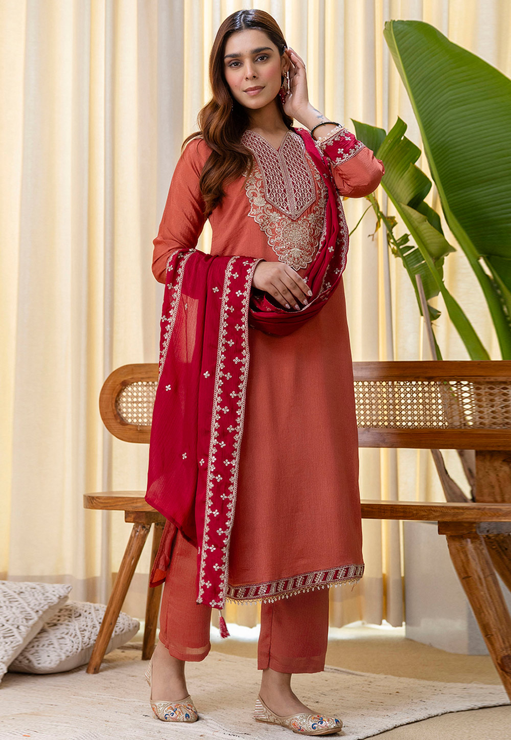 Peach Silk Readymade Pant Style Suit 325005