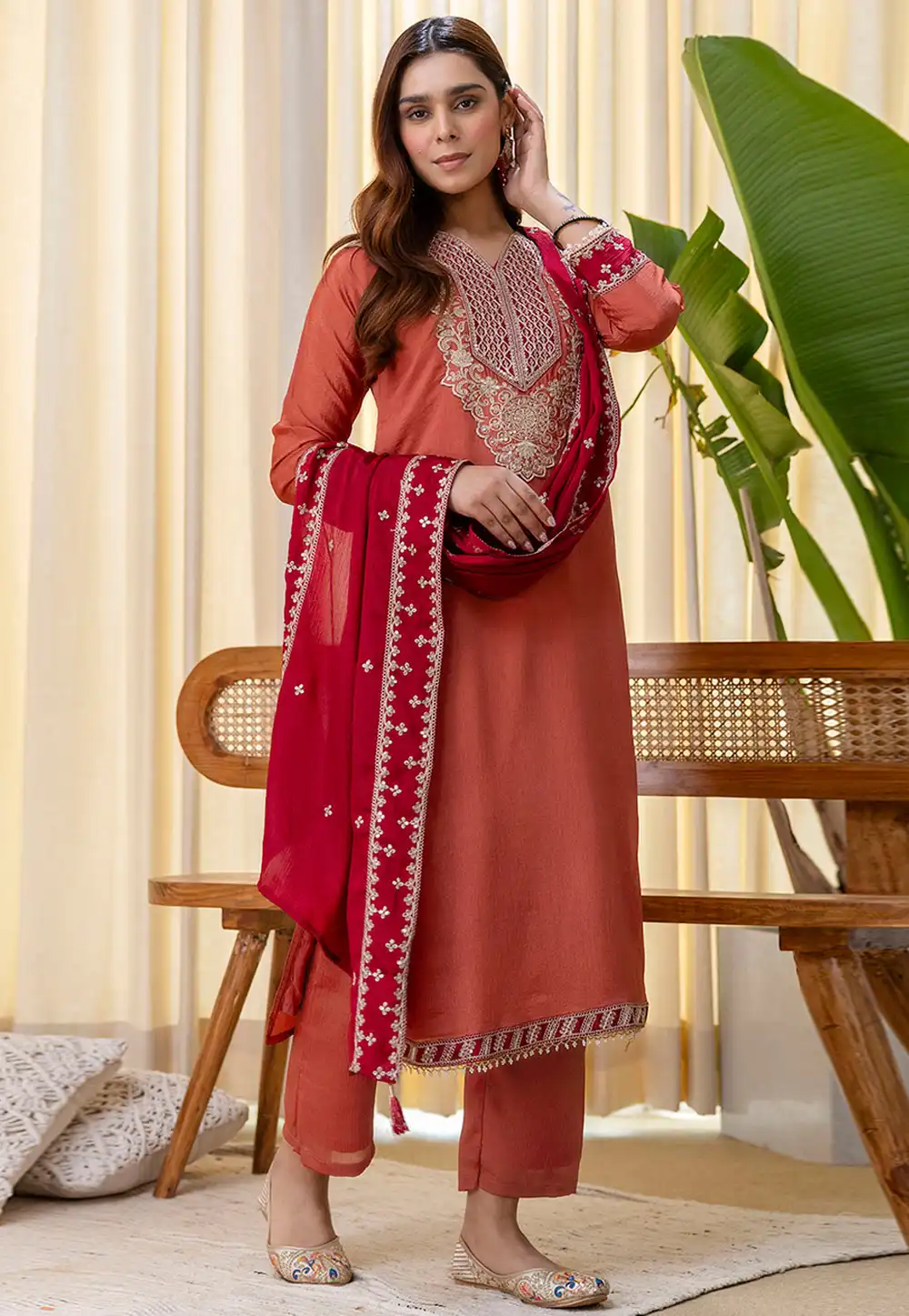 Peach Silk Readymade Pant Style Suit 325005