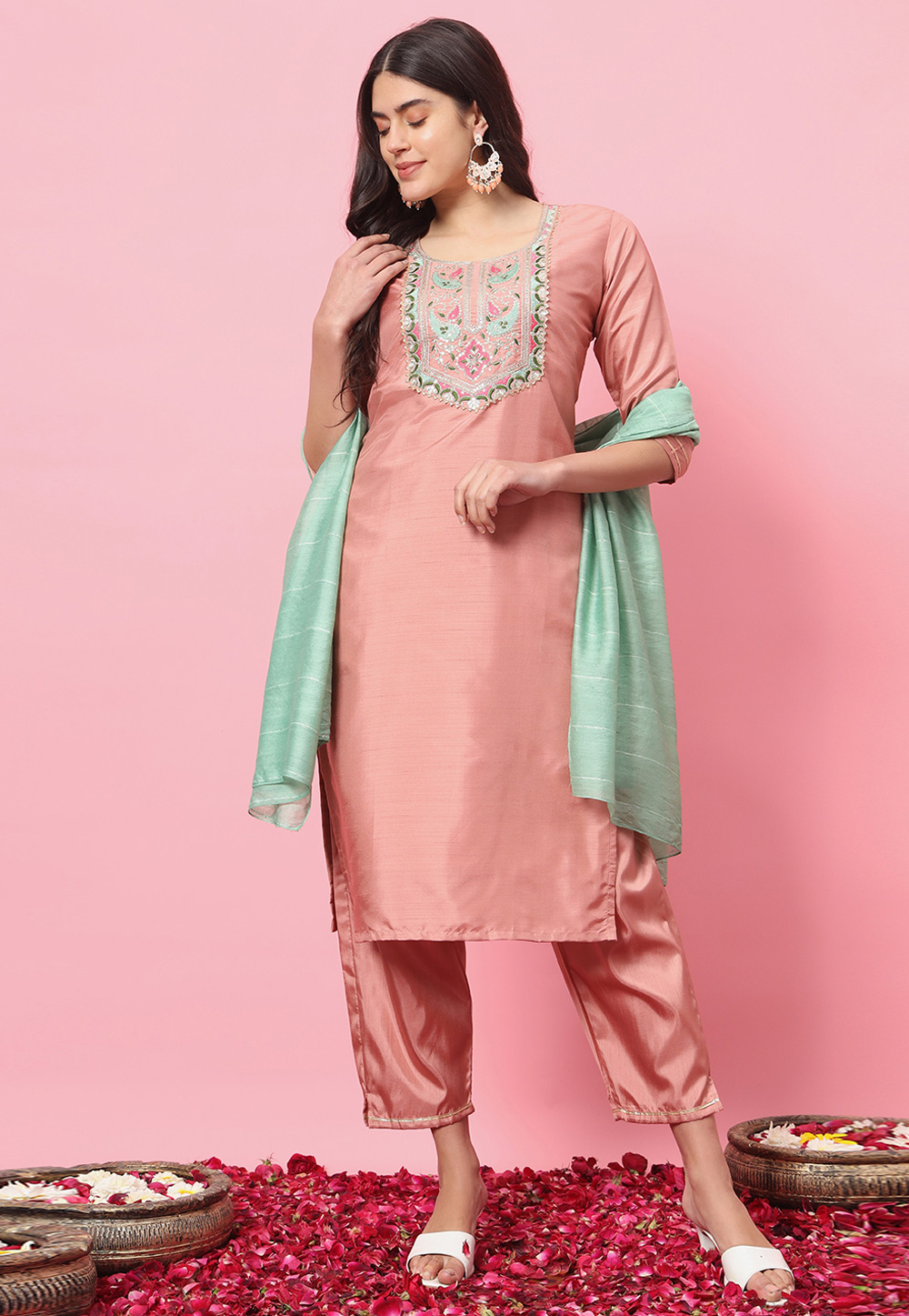 Peach Silk Readymade Pant Style Suit 324929