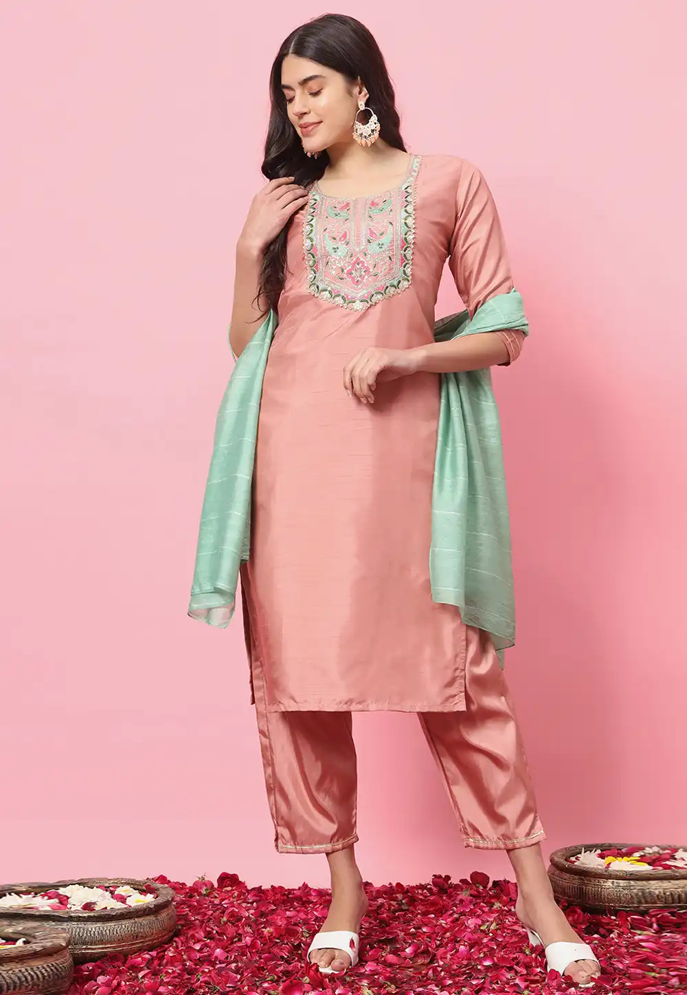 Peach Silk Readymade Pant Style Suit 324929