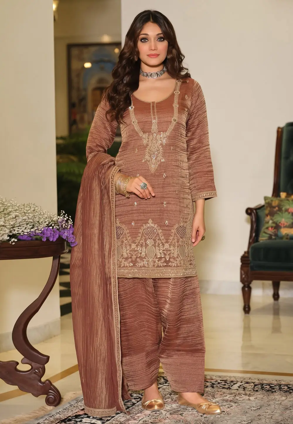 Peach Silk Readymade Patiala Suit 336268