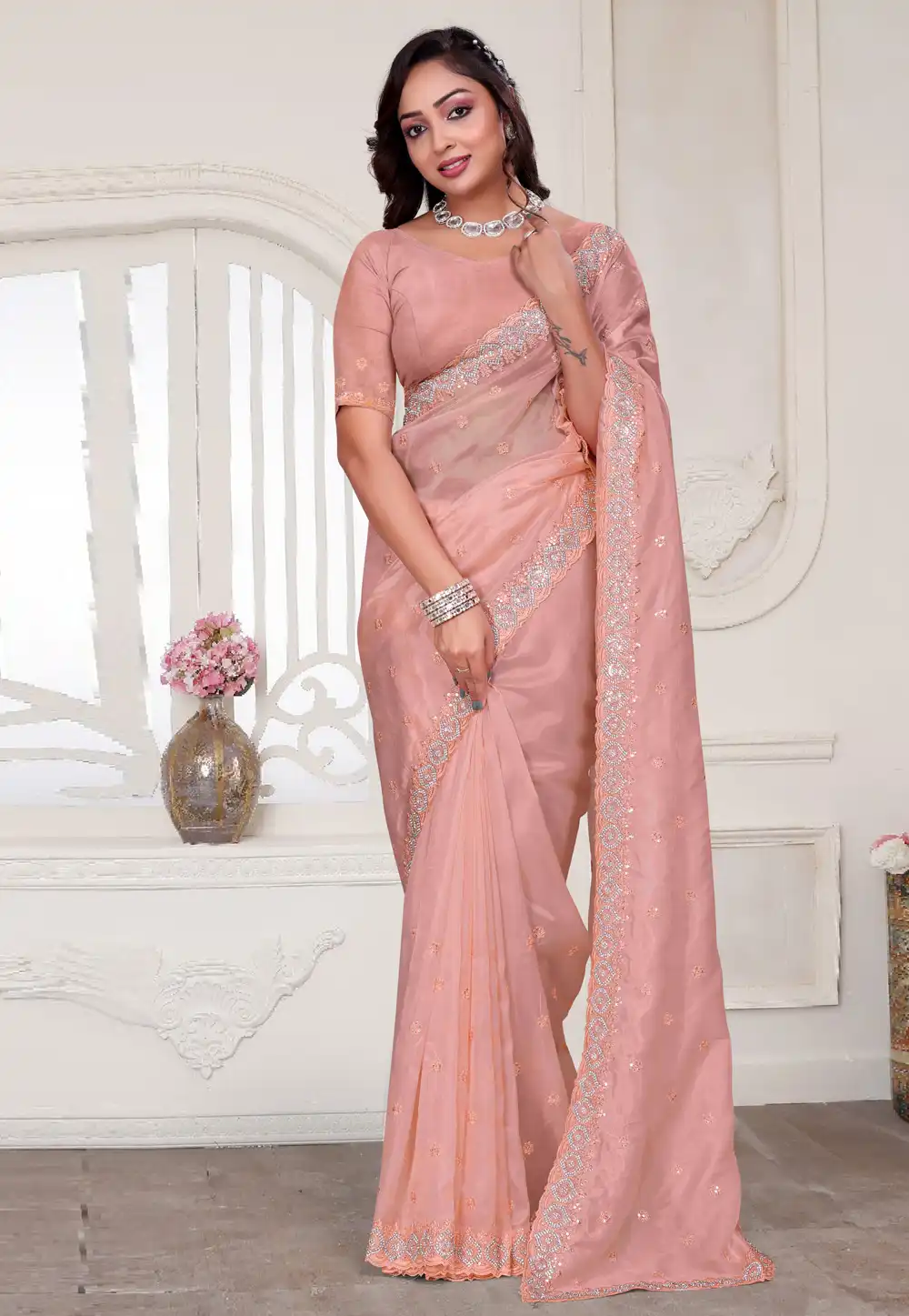 Peach Silk Saree With Blouse 312825