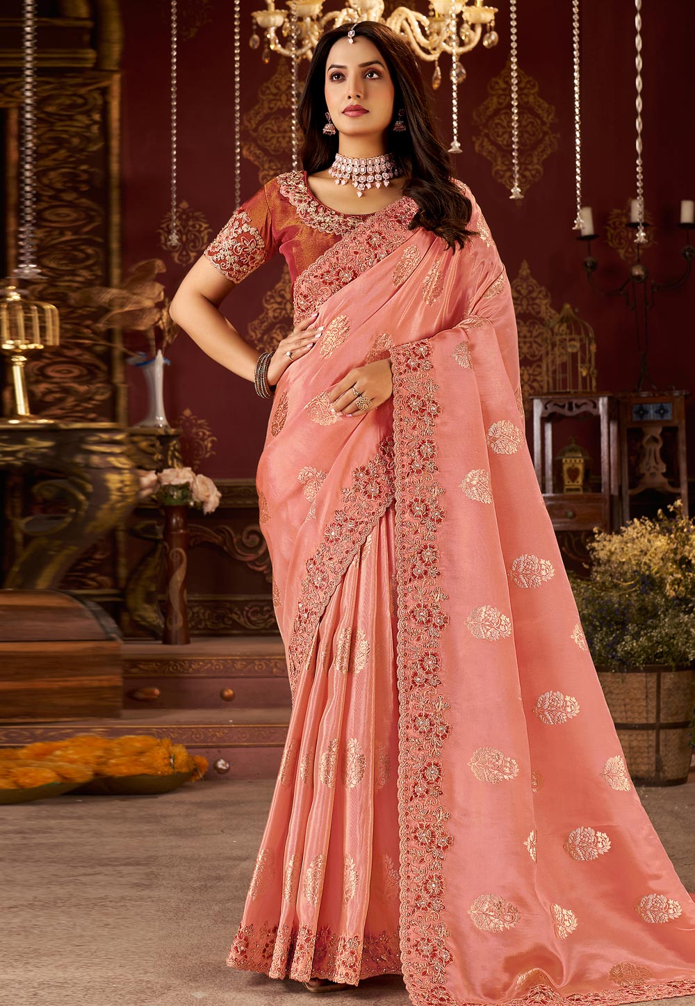 Peach Silk Saree With Blouse 321708