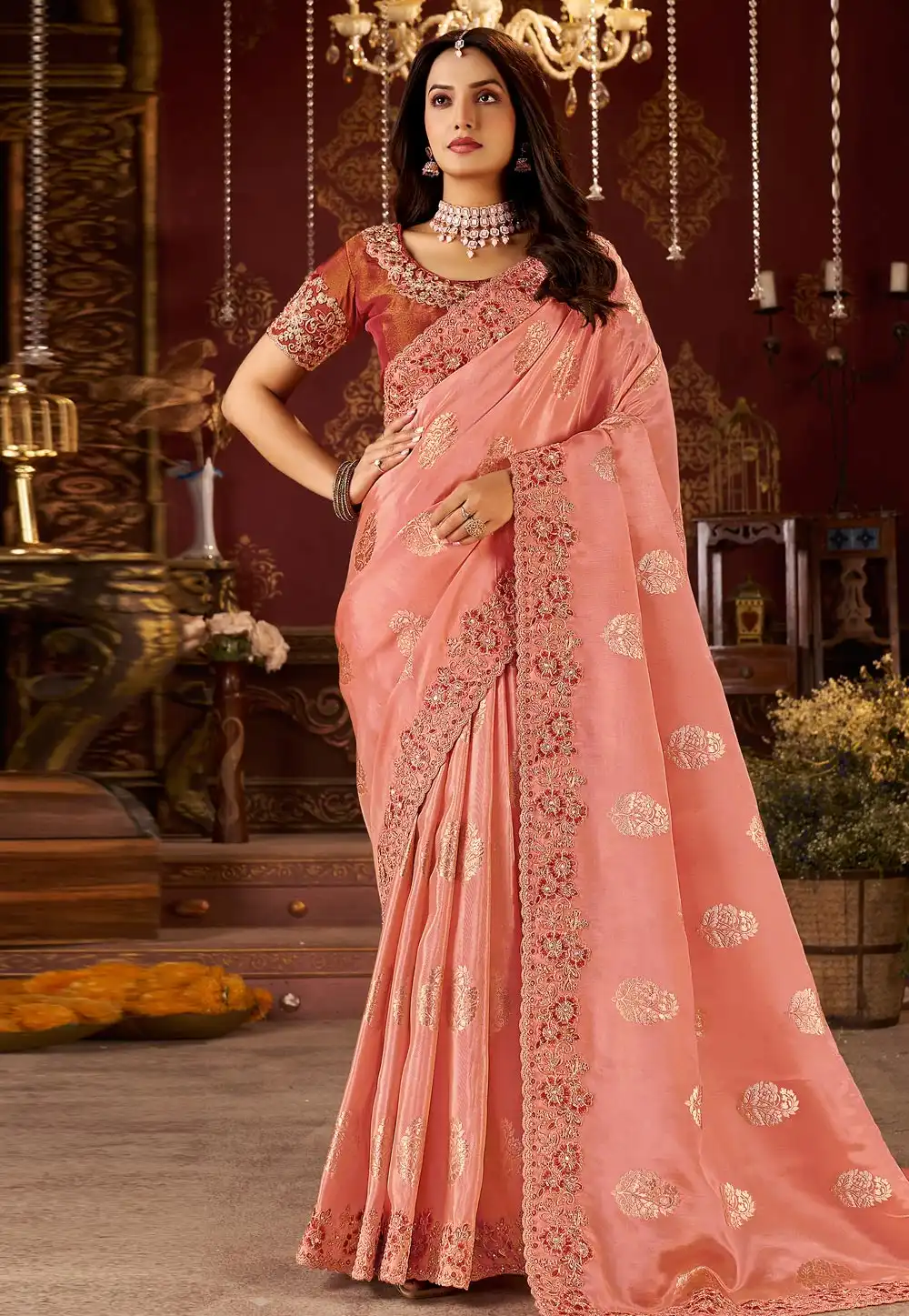 Peach Silk Saree With Blouse 321708