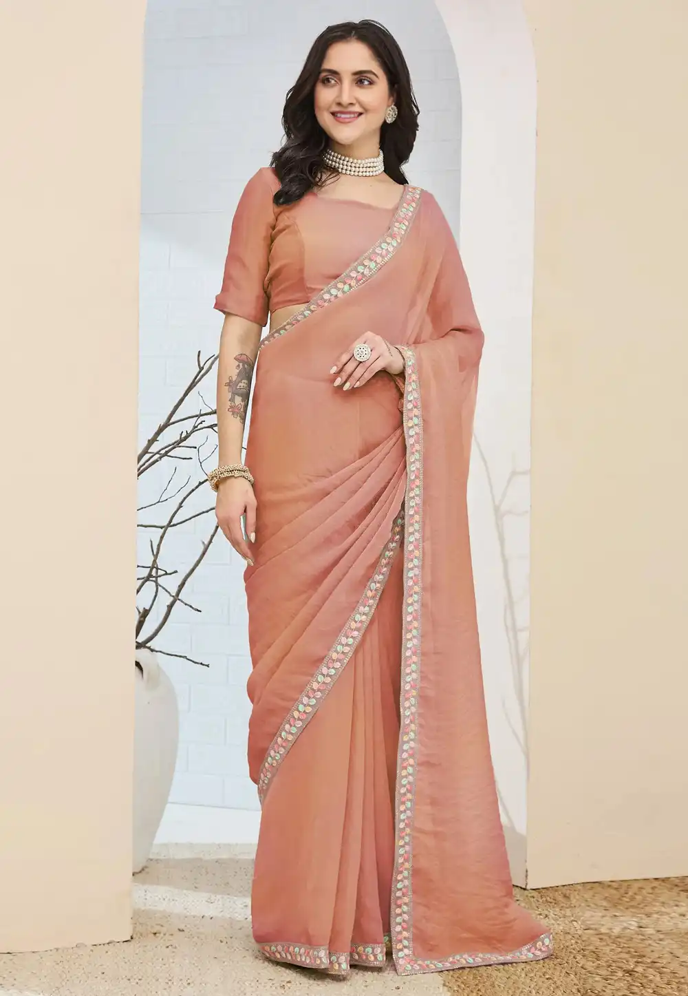 Peach Silk Saree With Blouse 329508