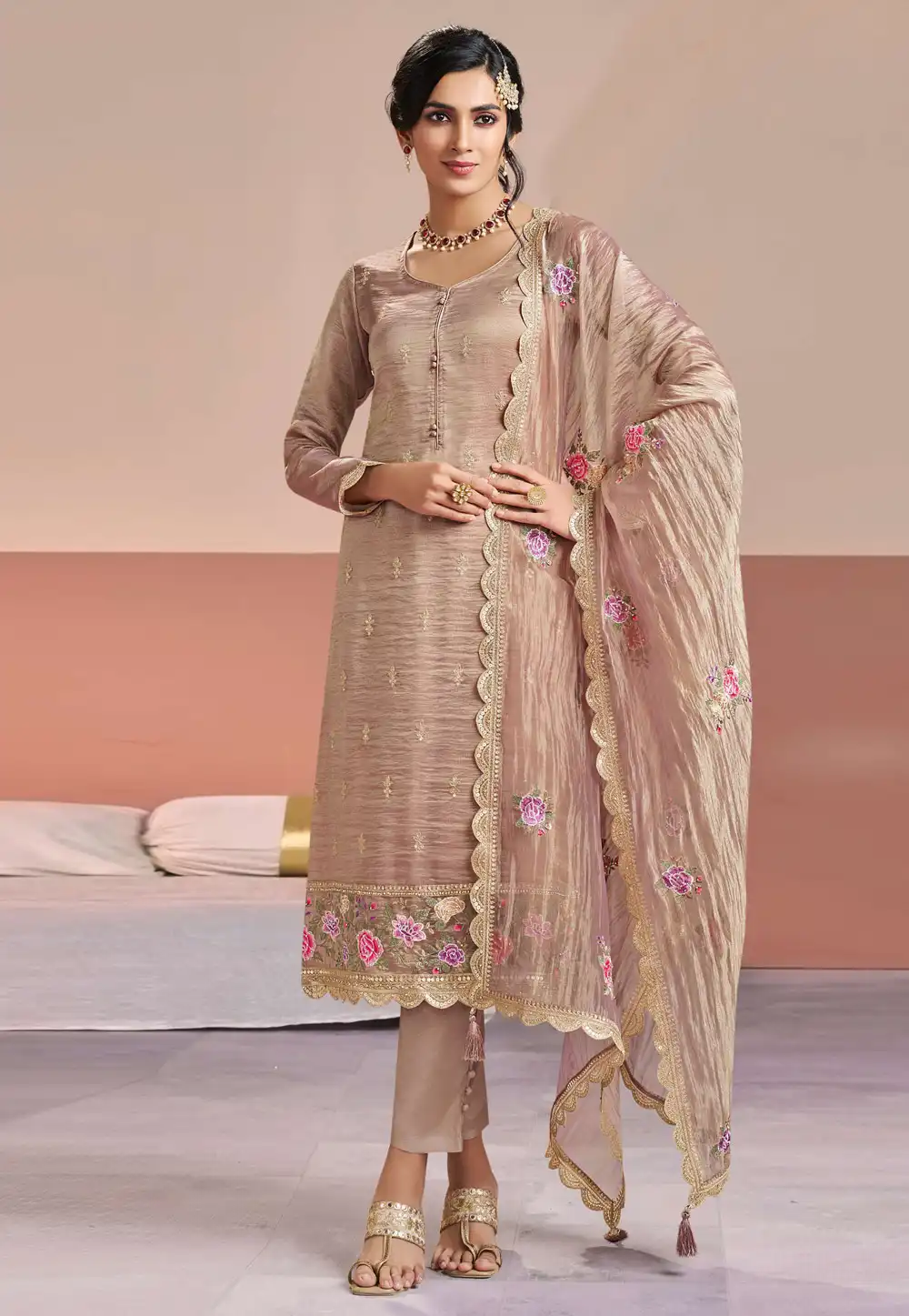 Peach Silk Straight Suit 327682