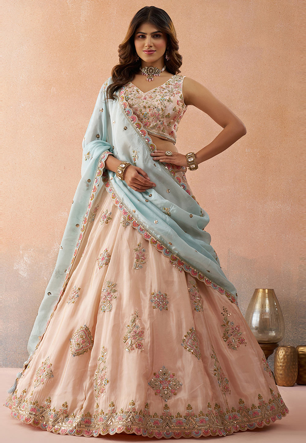 Peach Tissue Circular Lehenga Choli 326139
