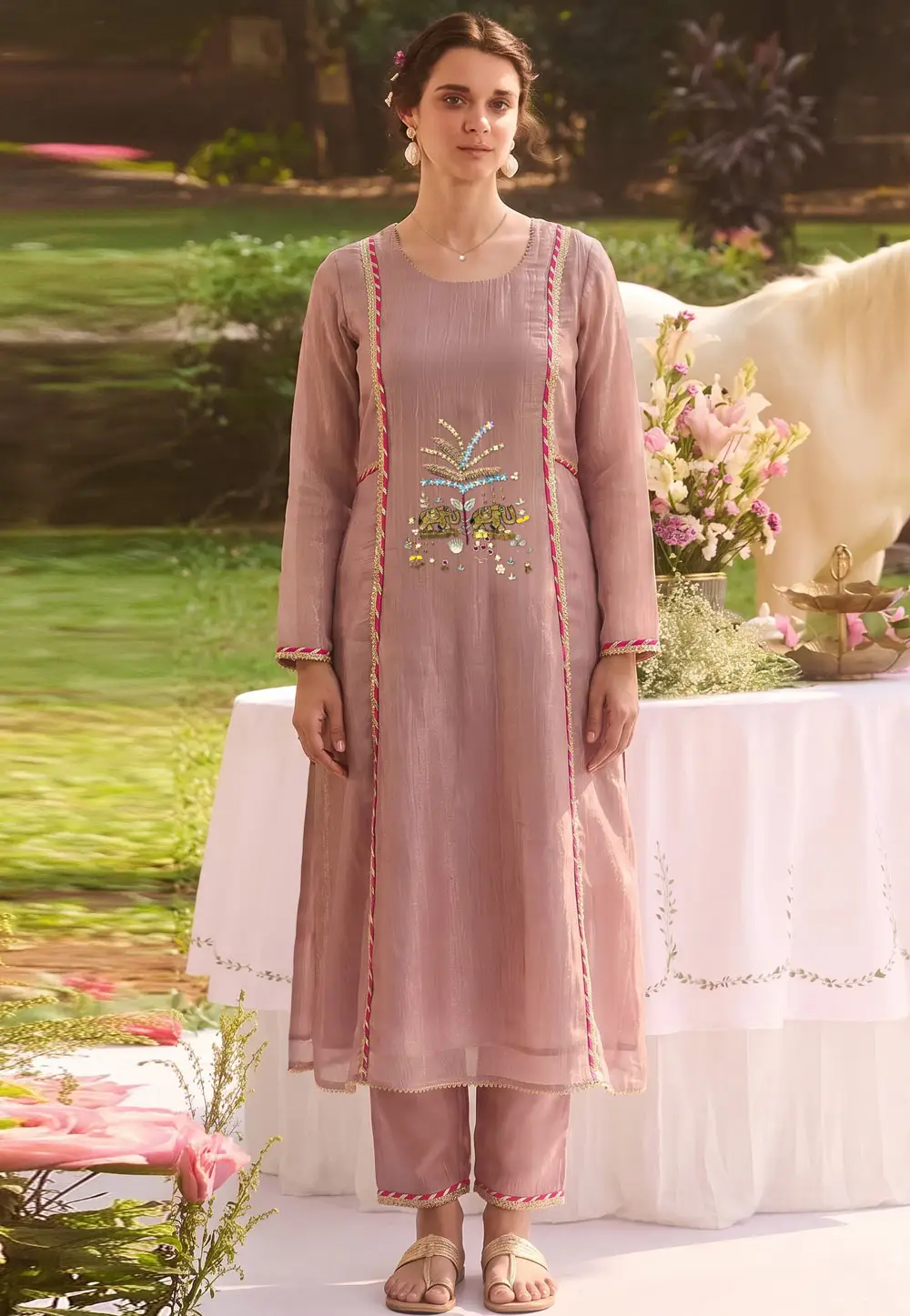 Peach Tissue Kurta Set With Pant 336266