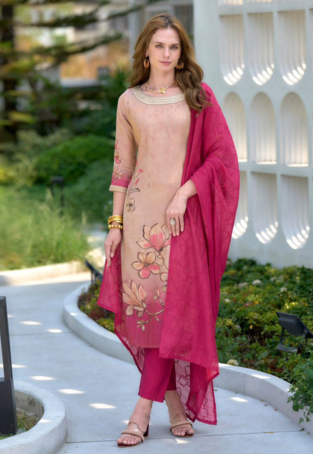 Peach Tissue Readymade Pant Style Suit 311988