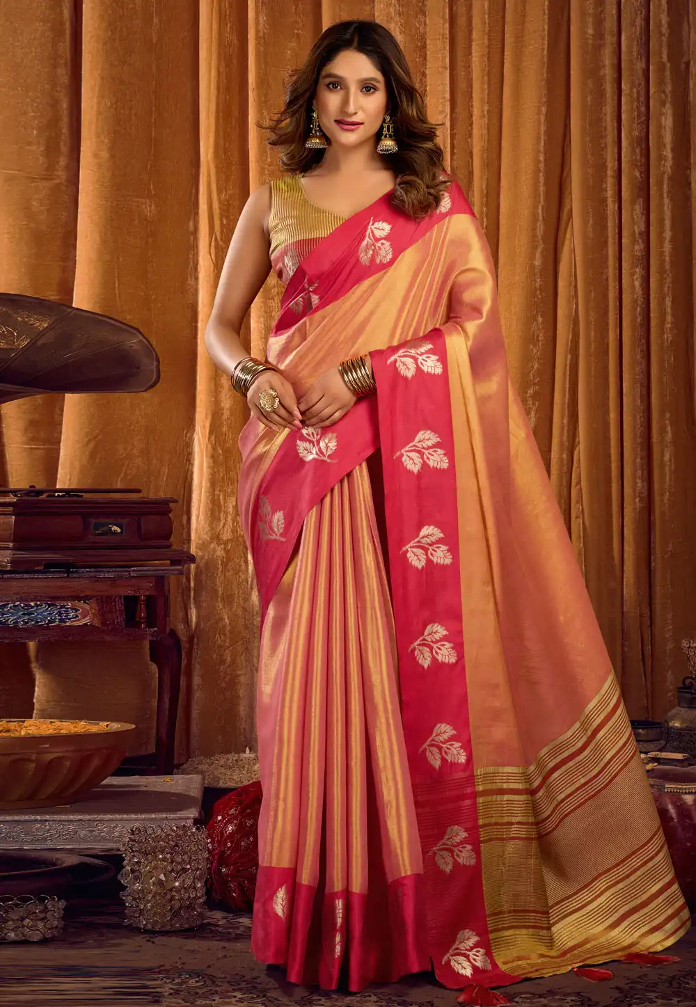 Peach Tissue Saree With Blouse 321081