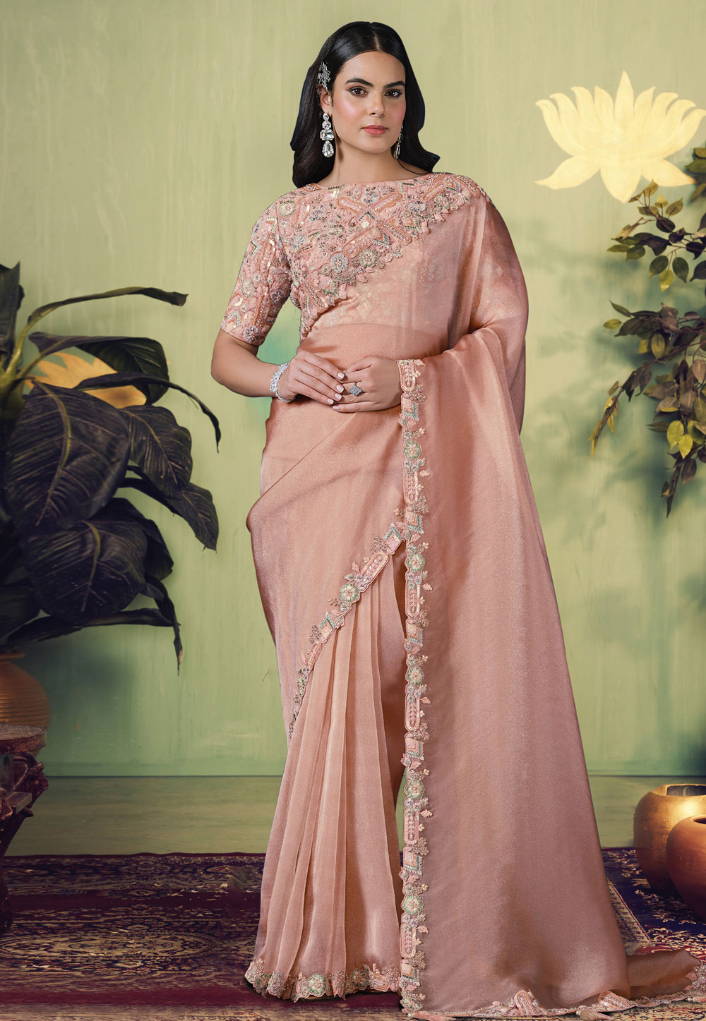 Peach Tissue Saree With Blouse 319882