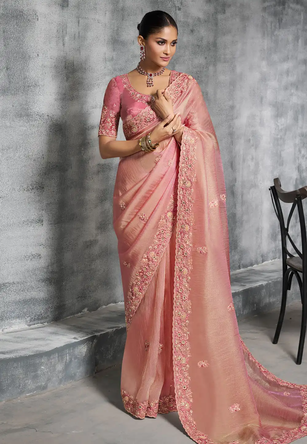 Peach Tissue Saree With Blouse 317932