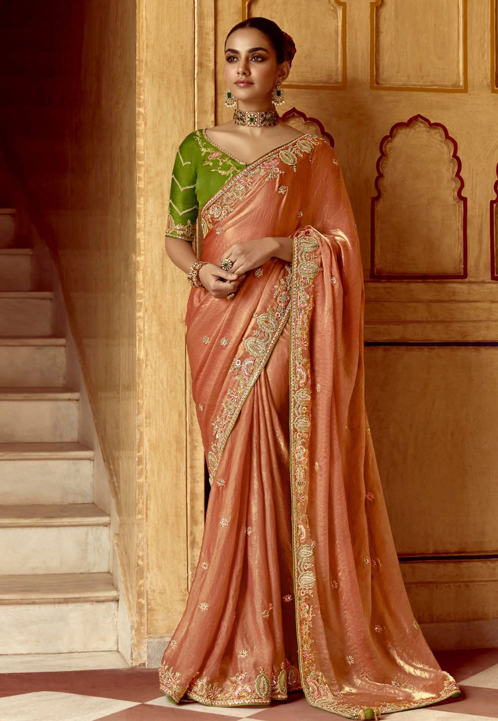 Peach Tissue Saree With Blouse 306240