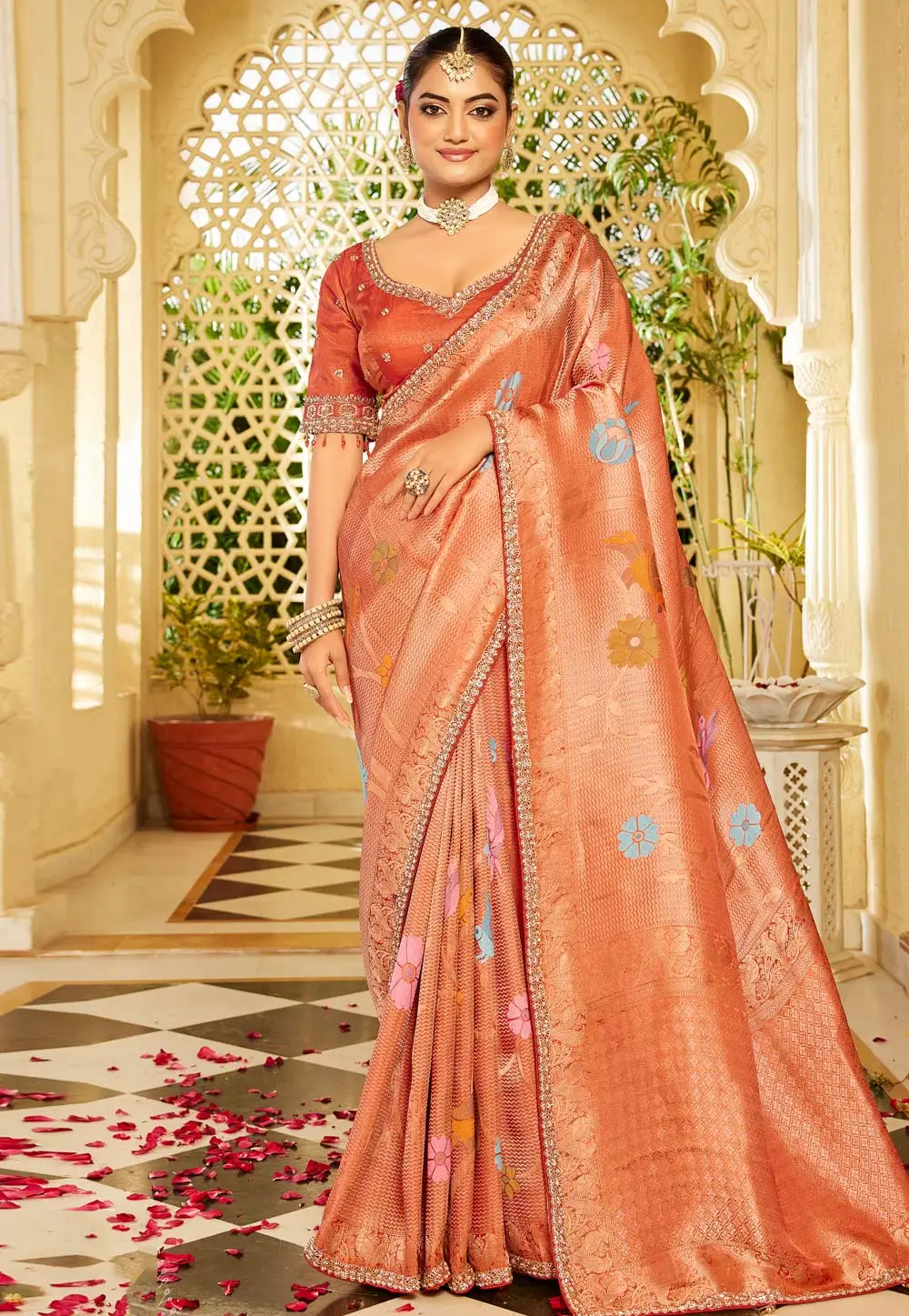 Peach Tissue Saree With Blouse 331157