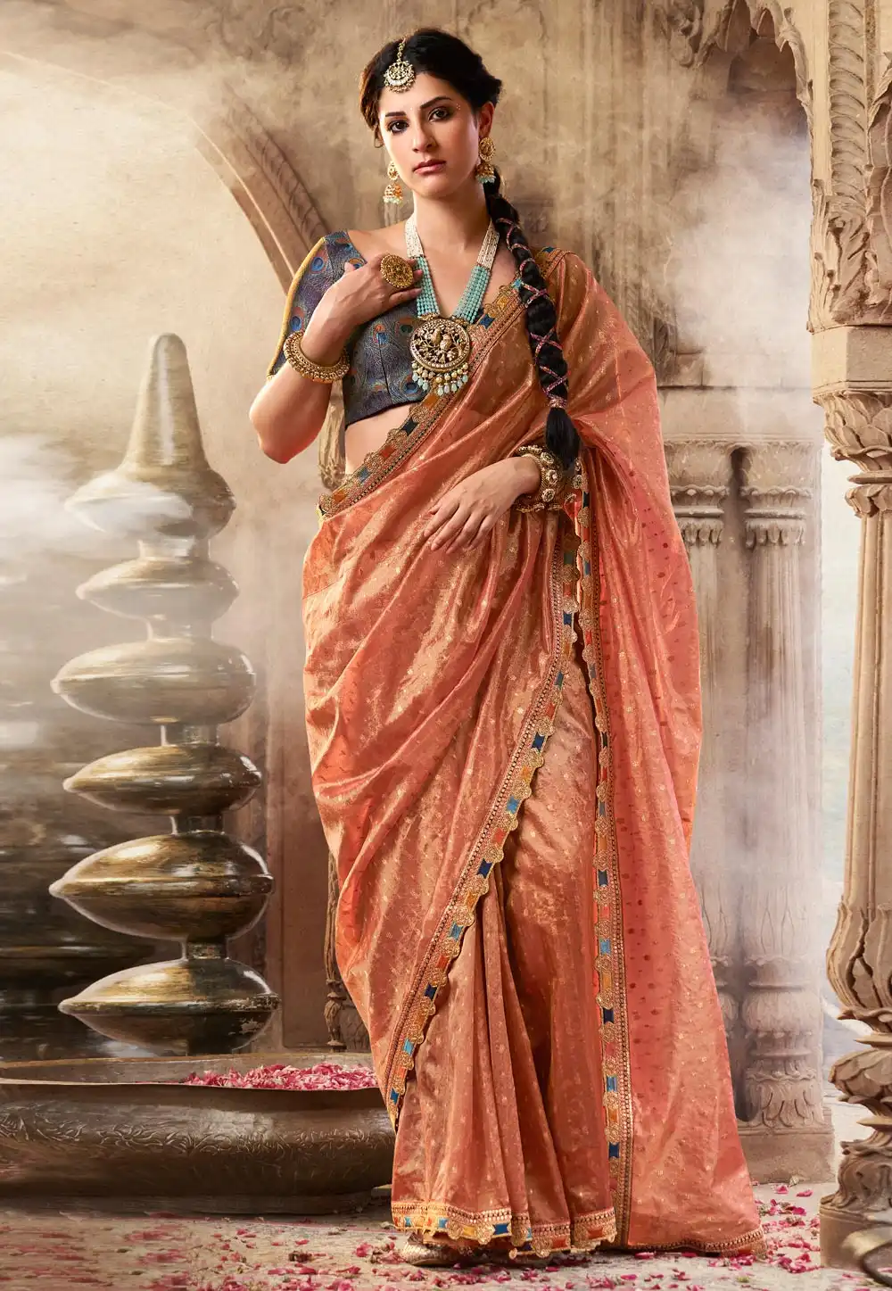 Peach Tissue Saree With Blouse 313447
