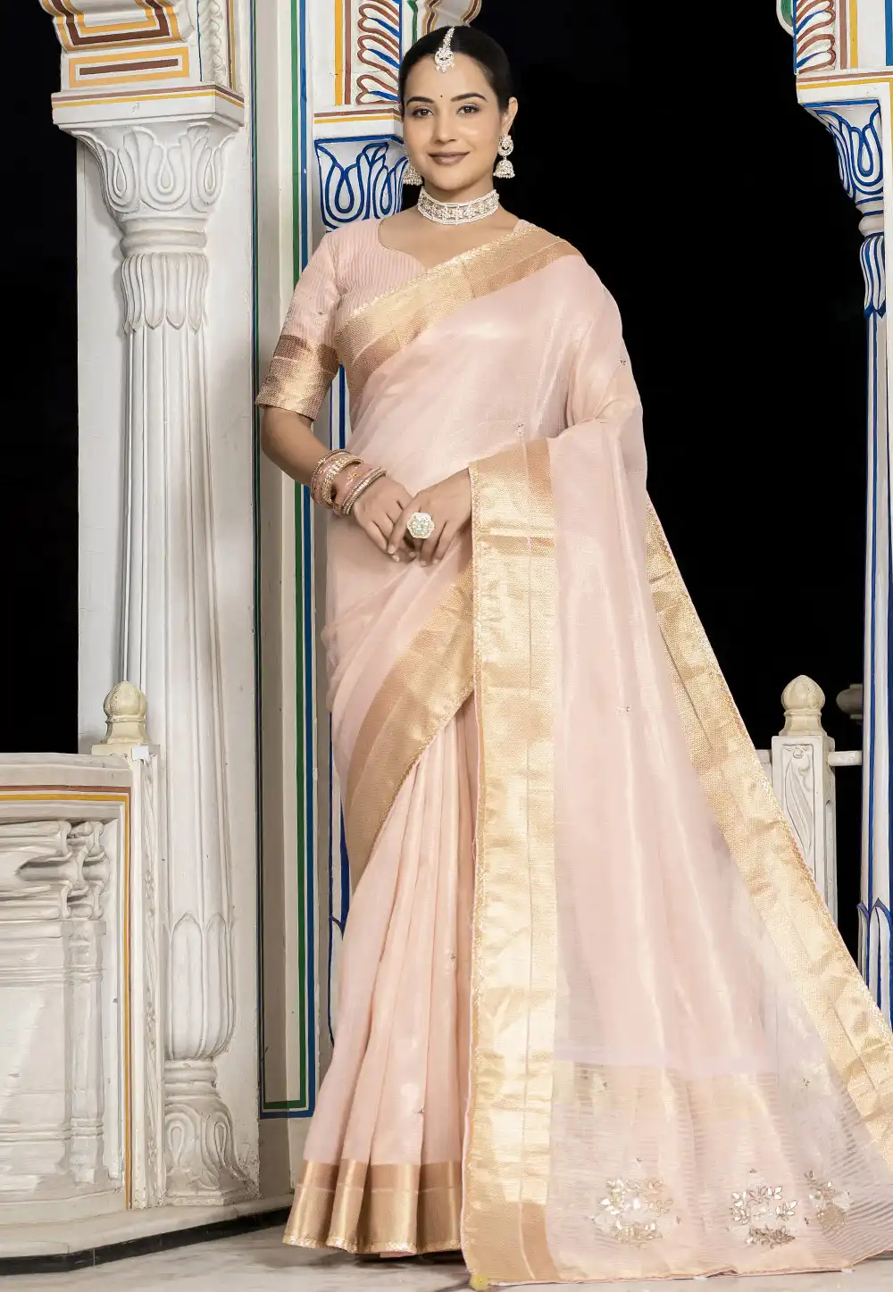Peach Tissue Saree With Blouse 313343