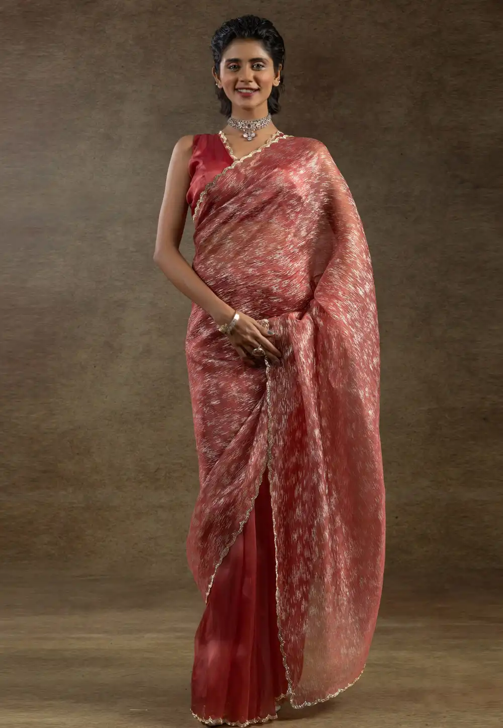 Peach Tissue Saree With Blouse 309367