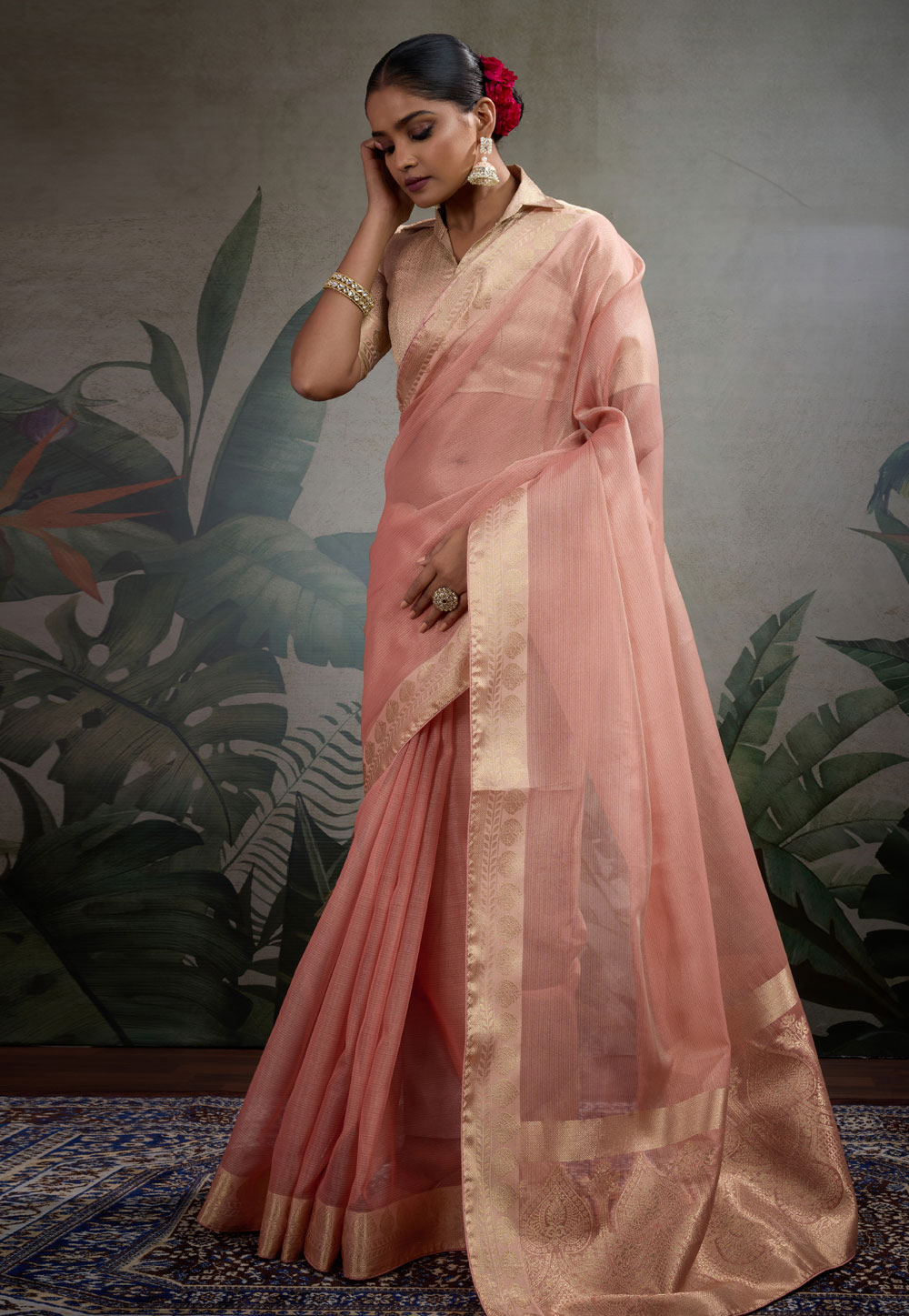 Peach Tissue Saree With Blouse 312099