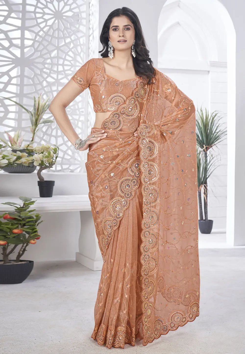 Peach Tissue Saree With Blouse 302539