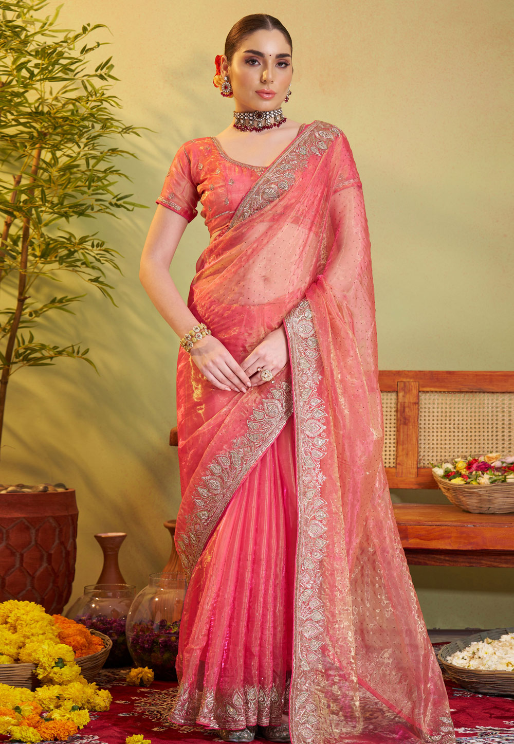 Peach Tissue Saree With Blouse 306948