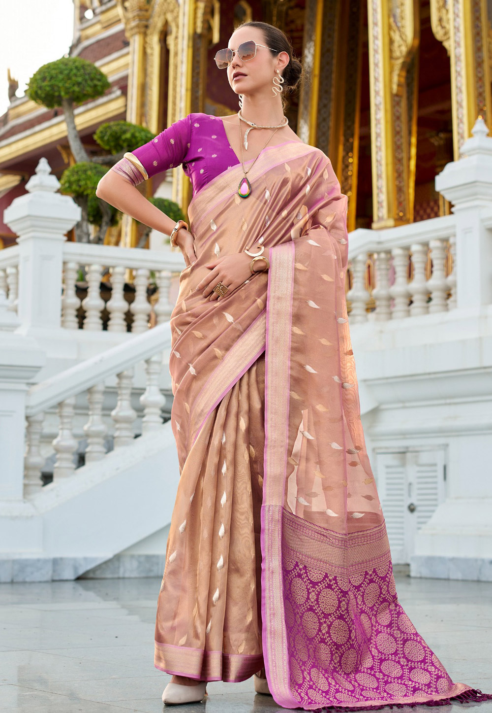 Peach Tissue Silk Saree With Blouse 307730