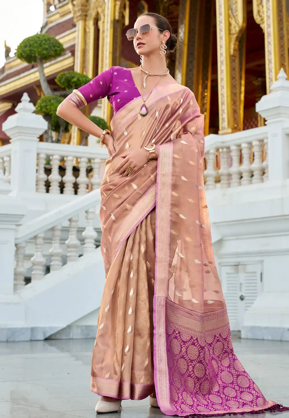 Peach Tissue Silk Saree With Blouse 307730