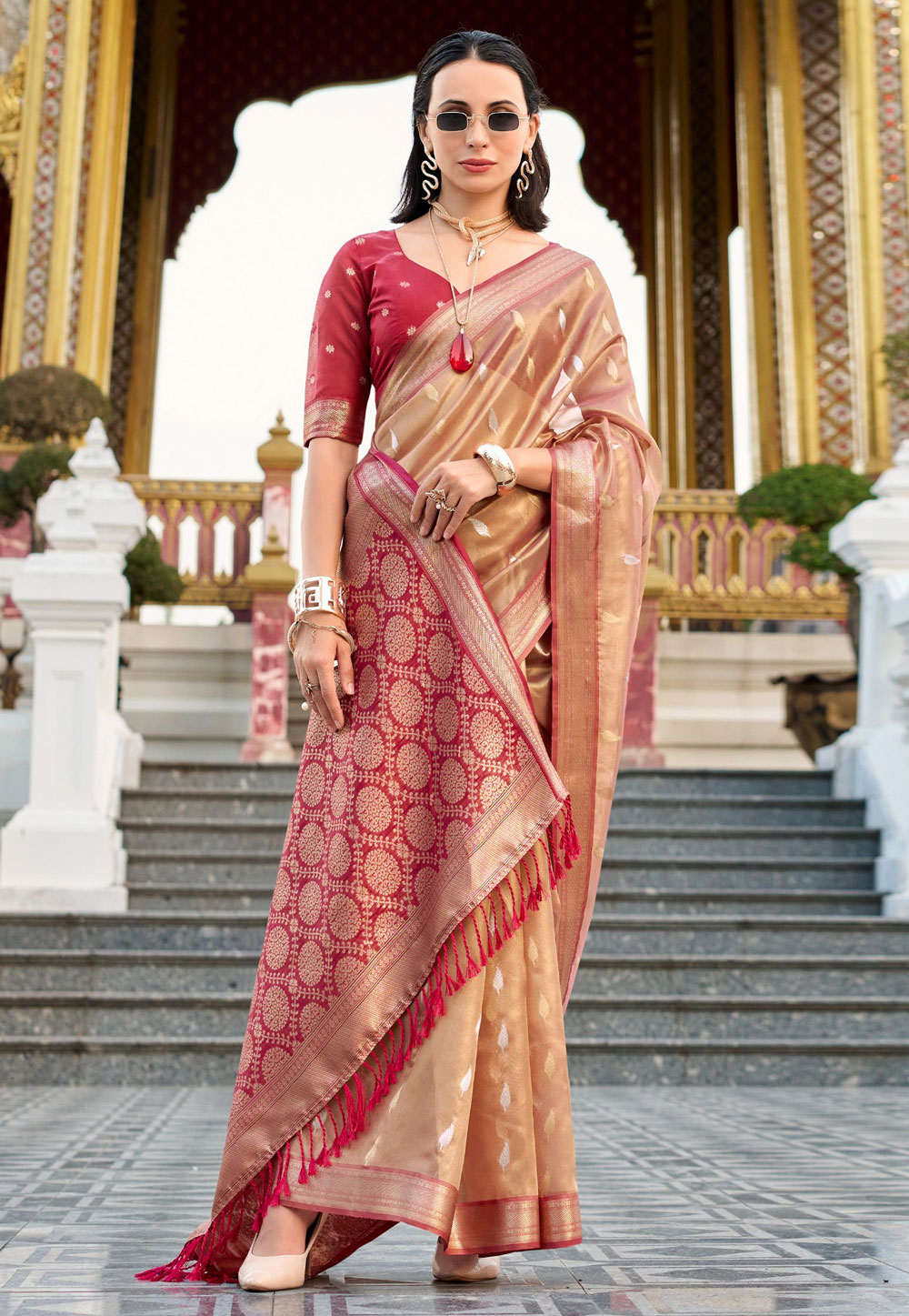 Peach Tissue Silk Saree With Blouse 307733