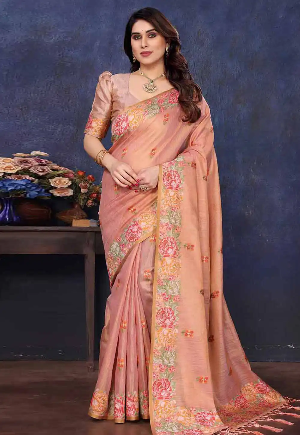 Peach Tissue Silk Saree With Blouse 316551