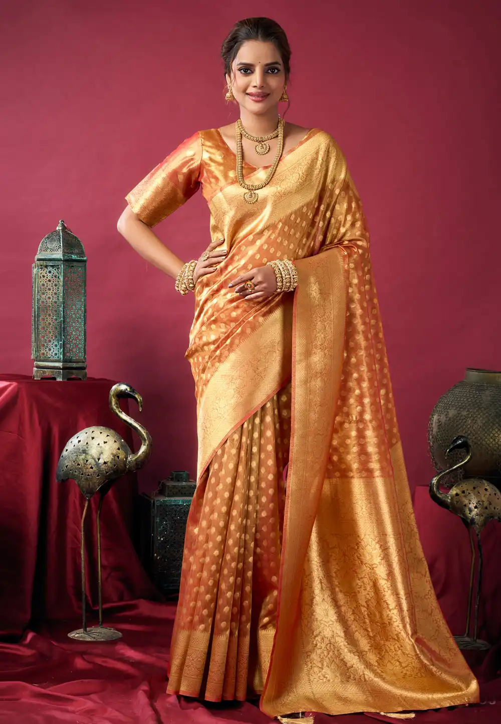 Peach Tissue Silk Saree With Blouse 317714