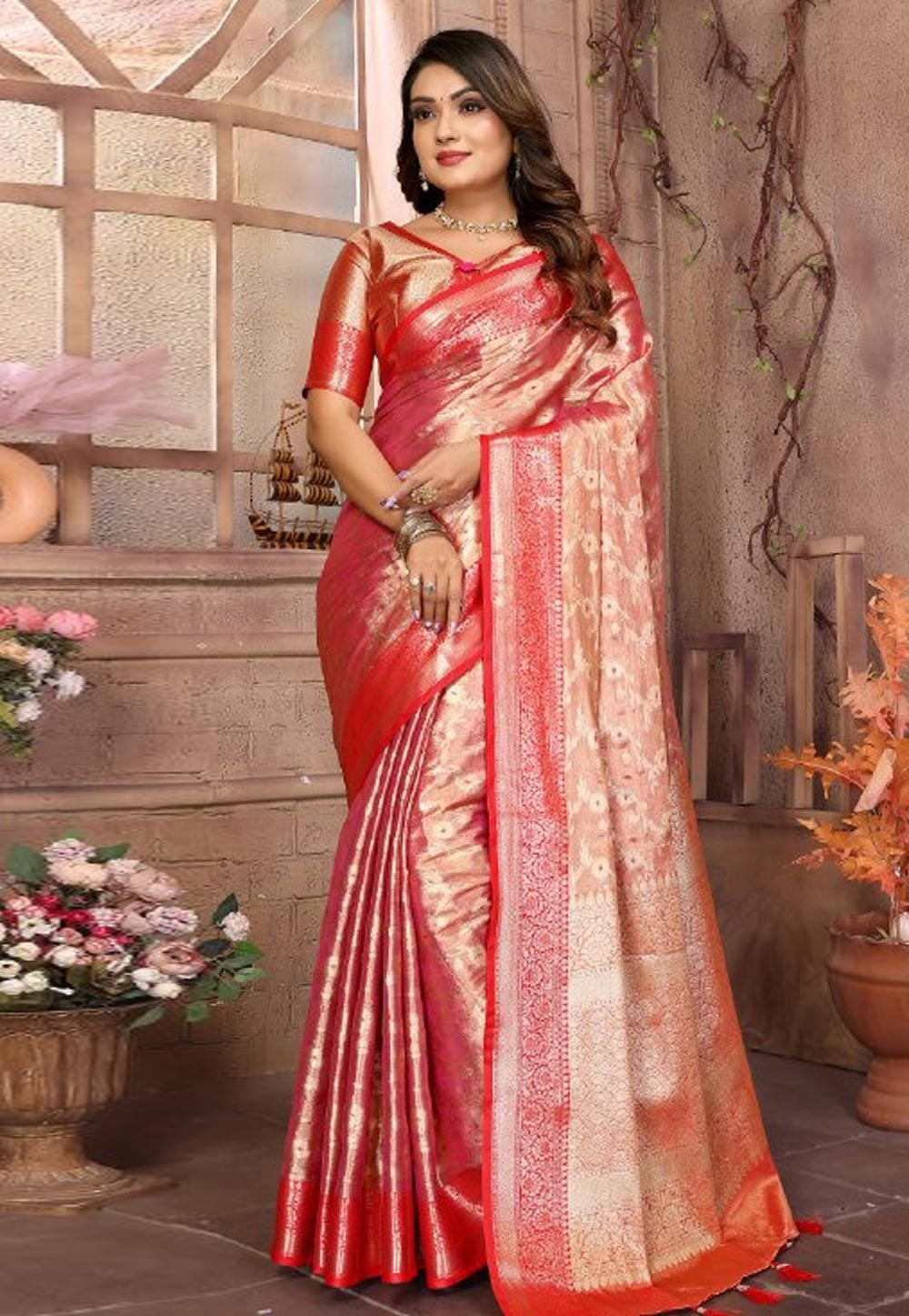 Peach Tissue Silk Saree With Blouse 308860