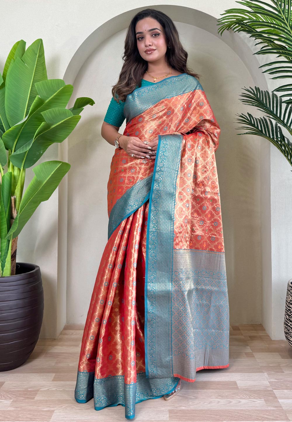Peach Tissue Silk Saree With Blouse 308216