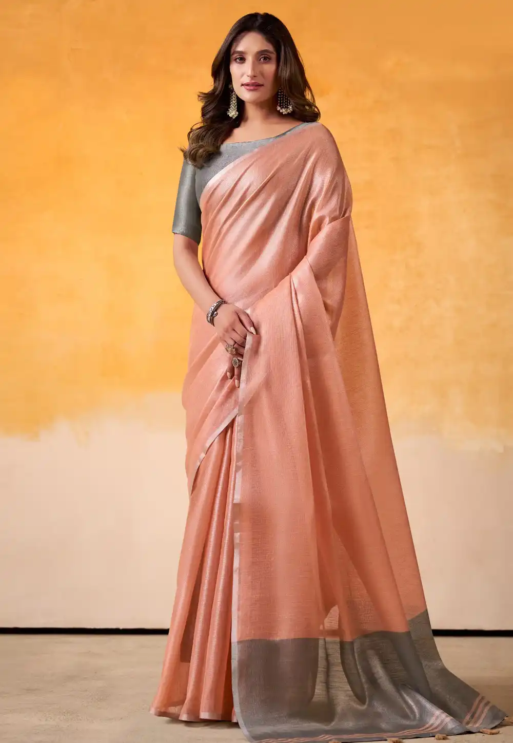 Peach Tissue Silk Saree With Blouse 315386