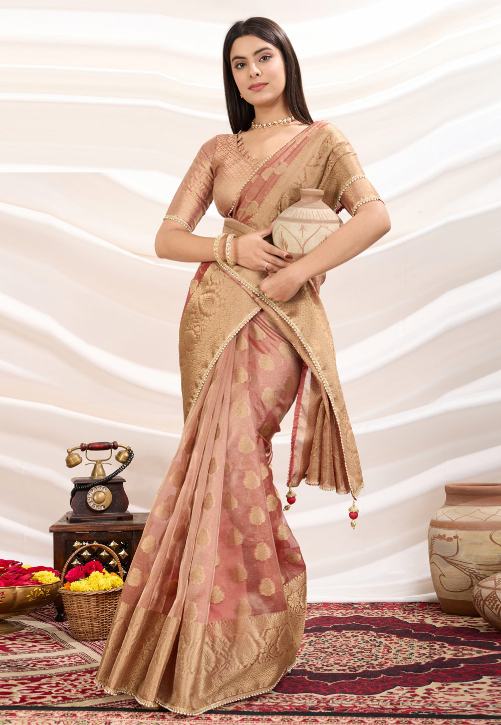 Peach Tissue Silk Saree With Blouse 308249