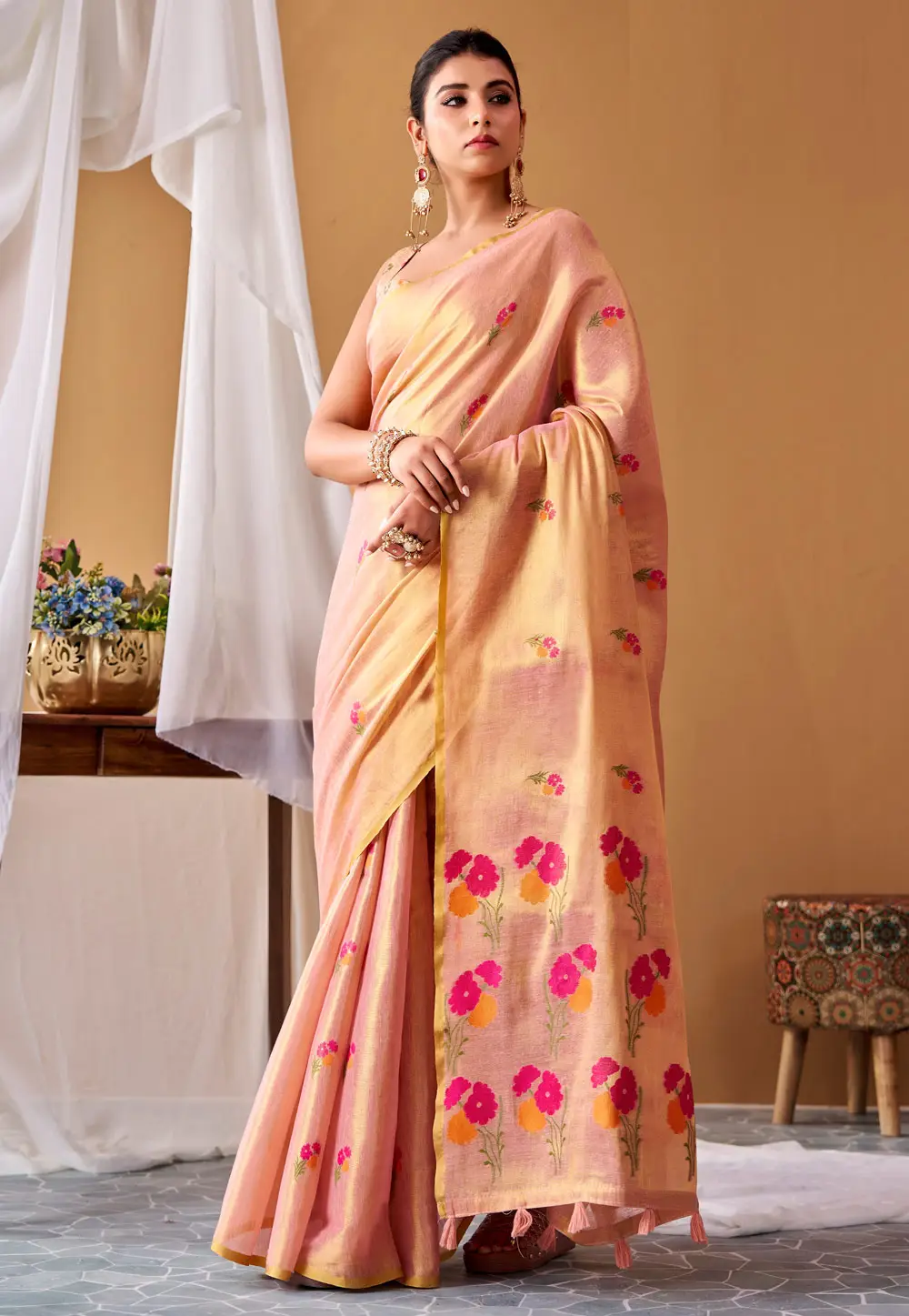 Peach Tissue Silk Saree With Blouse 332855
