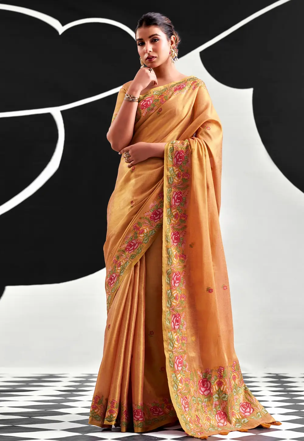 Peach Tissue Silk Saree With Blouse 332422