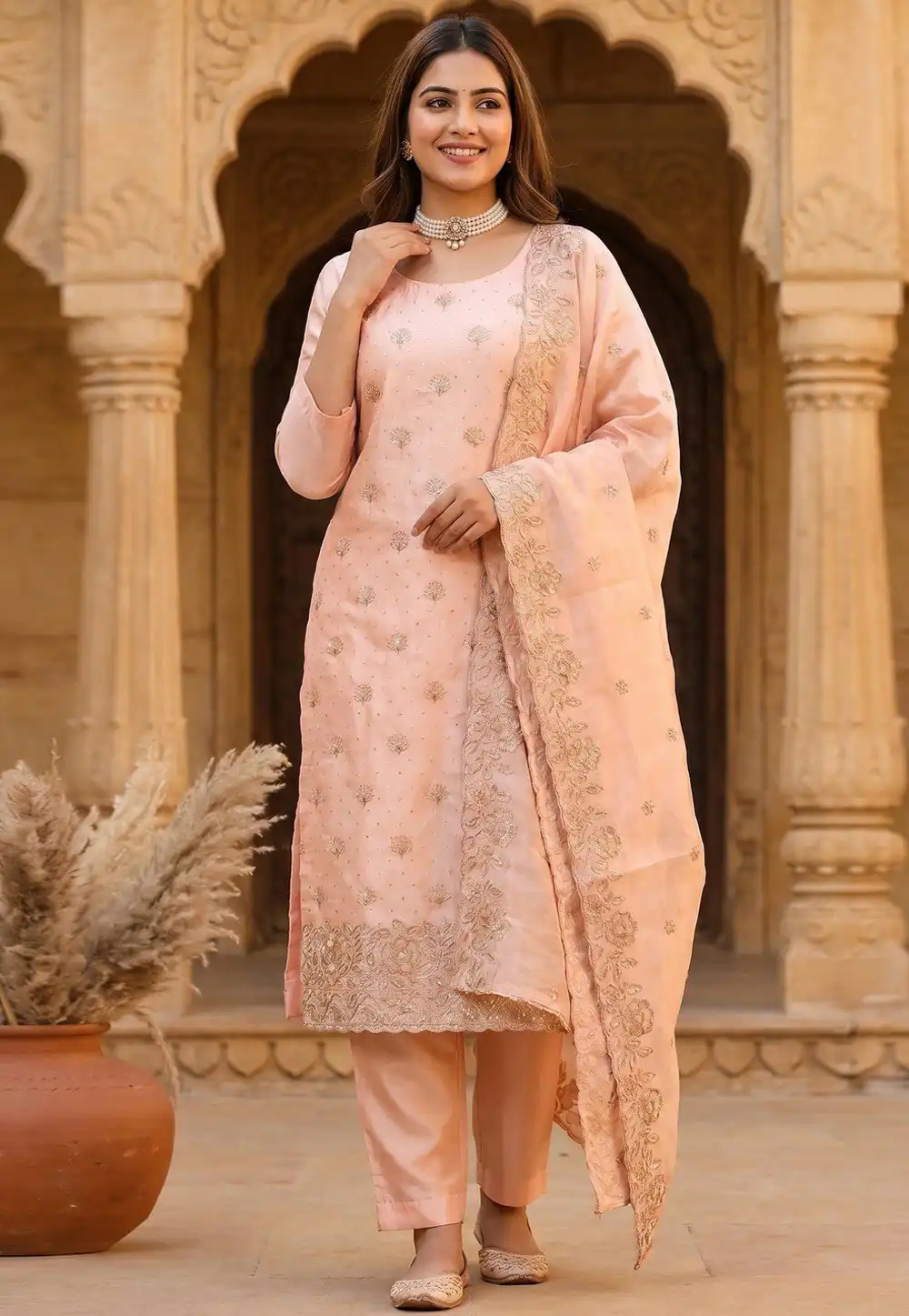 Peach Tissue Silk Straight Suit 329587