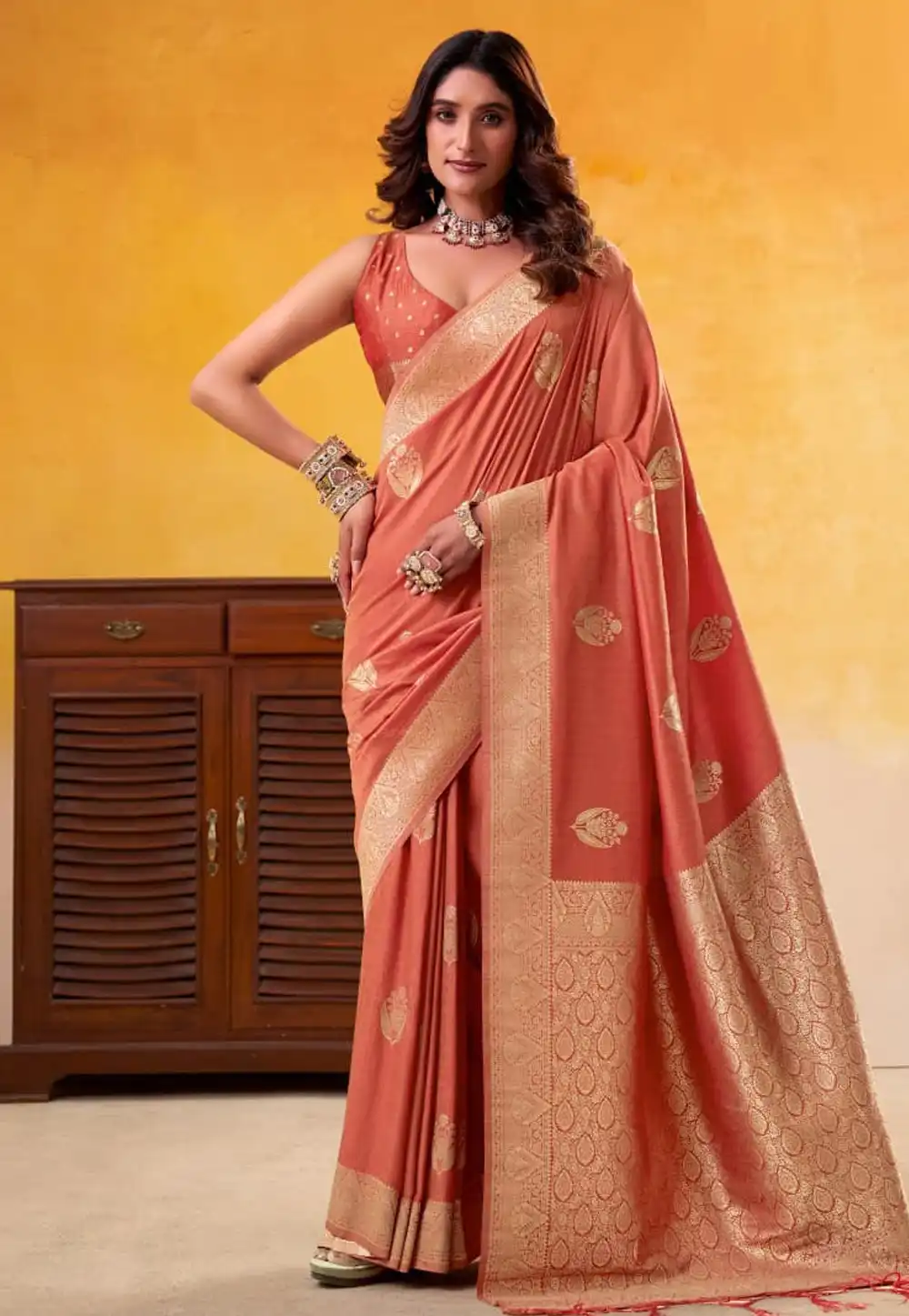 Peach Tussar Saree With Blouse 322003
