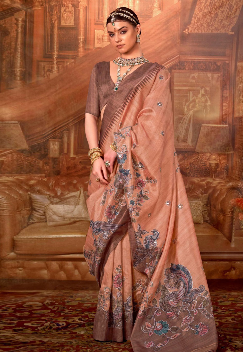 Peach Tussar Silk Saree With Blouse 322131