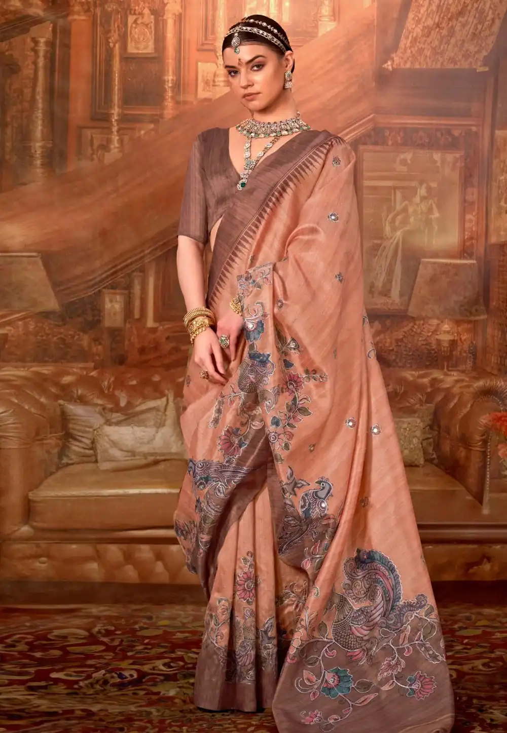 Peach Tussar Silk Saree With Blouse 322131
