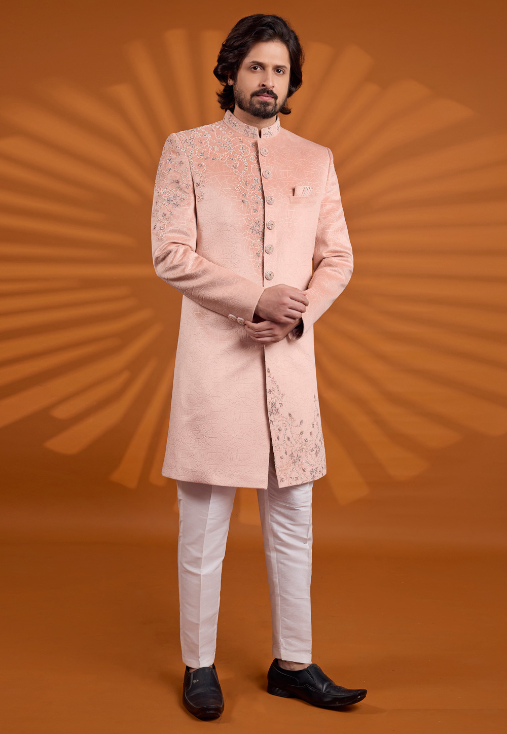 Peach Velvet Achkan Style Sherwani 330255